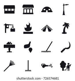 16 vector icon set : market, dome house, outdoor light, tent, palm, restaurant, golf, rake, sickle, blower, garden cleaning