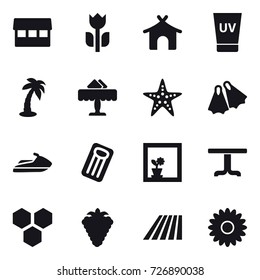 16 vector icon set : market, bungalow, uv cream, palm, restaurant, starfish, flippers, jet ski, inflatable mattress, flower in window, table, honeycombs, berry, field, flower