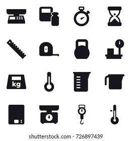 16 vector icon set : market scales, scales weight, stopwatch, ruler, measuring tape, thermometer, measuring cup, kitchen scales, handle scales