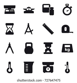 16 vector icon set : market scales, scales, scales weight, stopwatch, draw compass, ruler, measuring tape, drawing compass, thermometer, measuring cup, kitchen scales