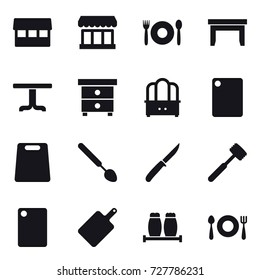 16 vector icon set : market, cafe, table, nightstand, dresser, cutting board, big spoon, knife, meat hammer
