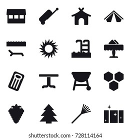 16 vector icon set : market, suitcase, bungalow, tent, lounger, sun, pool, restaurant, inflatable mattress, table, honeycombs, berry, spruce, rake, clean  window