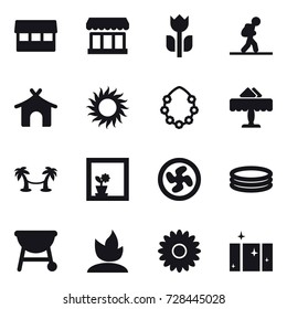 16 vector icon set : market, tourist, bungalow, sun, hawaiian wreath, restaurant, palm hammock, flower in window, cooler fan, inflatable pool, sprouting, flower, clean  window