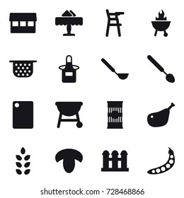 16 vector icon set : market, restaurant, Chair for babies, bbq, colander, apron, ladle, big spoon, cutting board, spikelets, mushroom, grain elevator, peas