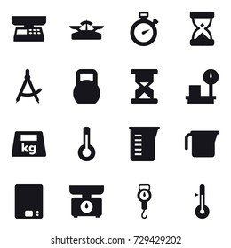 16 vector icon set : market scales, scales, stopwatch, draw compass, thermometer, measuring cup, kitchen scales, handle scales