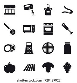 16 vector icon set : market, mixer, apron, walnut crack, skimmer, field, mushroom, grape