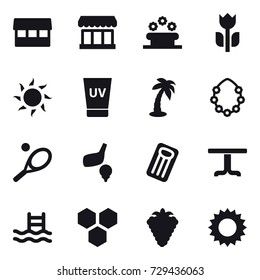 16 vector icon set : market, flower bed, sun, uv cream, palm, hawaiian wreath, tennis, golf, inflatable mattress, table, pool, honeycombs, berry