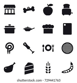 16 vector icon set : market, bone, toaster, pan, chef  hat, cutting board, spikelets, peas