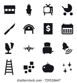 16 vector icon set : market, spark plug, tv, baby stroller, barn, plane, toaster, bell, stairs, tomato, shining