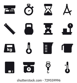 16 vector icon set : market scales, stopwatch, draw compass, ruler, thermometer, measuring cup, kitchen scales, handle scales