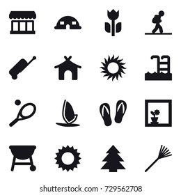 16 vector icon set : market, dome house, tourist, suitcase, bungalow, sun, pool, tennis, windsurfing, flip-flops, flower in window, spruce, rake