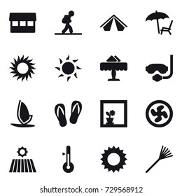 16 vector icon set : market, tourist, tent, lounger, sun, restaurant, diving mask, windsurfing, flip-flops, flower in window, cooler fan, field, thermometer, rake