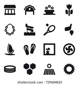 16 vector icon set : market, barn, flower bed, hawaiian wreath, aquapark, tennis, golf, windsurfing, flip-flops, flower in window, cooler fan, inflatable pool, honeycombs, field, sun