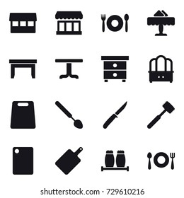 16 vector icon set : market, cafe, restaurant, table, nightstand, dresser, cutting board, big spoon, knife, meat hammer