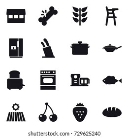 16 vector icon set : market, Chair for babies, fridge, stands for knives, pan, field, cherry, strawberry, bread