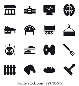 16 Vector Icon Set : Market, House With Garage, Barn, Disco Ball, Slippers, Big Fork, Fence, Horse, Bread, Scraper