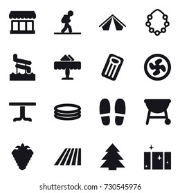 16 vector icon set : market, tourist, tent, hawaiian wreath, aquapark, restaurant, inflatable mattress, cooler fan, table, inflatable pool, slippers, berry, field, spruce, clean  window