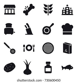 16 vector icon set : market, hotel, toaster, stands for knives, pan, cook hat, skimmer, pills bottle, fish