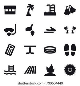 16 vector icon set : market, palm, pool, flippers, diving mask, golf, jet ski, palm hammock, inflatable mattress, table, inflatable pool, slippers, field, sprouting, flower