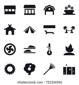16 vector icon set : market, barn, flower bed, bungalow, tent, lounger, palm hammock, cooler fan, slippers, thermometer, sprouting, sun, garden, rake, clean  window