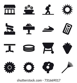 16 vector icon set : market, flower bed, tourist, sun, aquapark, restaurant, jet ski, inflatable mattress, table, inflatable pool, berry, flower, garden, rake