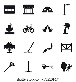 16 vector icon set : market, dome house, outdoor light, bike, tent, palm, restaurant, rake, sickle, farm fence, blower, garden cleaning
