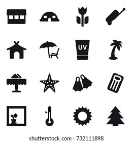 16 vector icon set : market, dome house, suitcase, bungalow, lounger, uv cream, palm, restaurant, starfish, flippers, inflatable mattress, flower in window, thermometer, sun, spruce