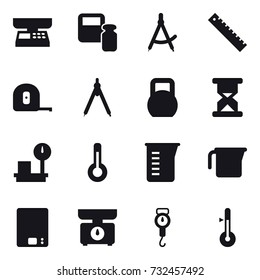 16 vector icon set : market scales, scales weight, draw compass, ruler, measuring tape, drawing compass, thermometer, measuring cup, kitchen scales, handle scales