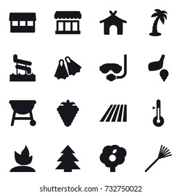 16 vector icon set : market, bungalow, palm, aquapark, flippers, diving mask, golf, berry, field, thermometer, sprouting, spruce, garden, rake