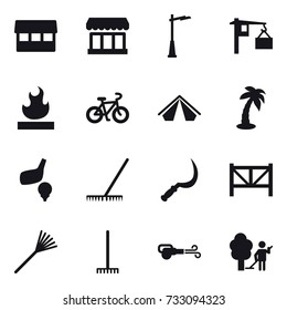 16 vector icon set : market, outdoor light, bike, tent, palm, golf, rake, sickle, farm fence, blower, garden cleaning