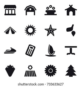 16 vector icon set : market, barn, flower bed, bungalow, tent, sun, starfish, golf, jet ski, inflatable mattress, windsurfing, table, berry, field, flower, spruce