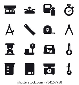 16 vector icon set : market scales, scales, scales weight, stopwatch, draw compass, ruler, measuring tape, drawing compass, thermometer, measuring cup, kitchen scales