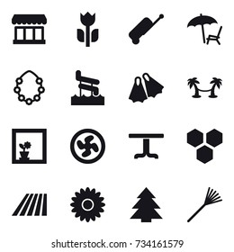 16 vector icon set : market, suitcase, lounger, hawaiian wreath, aquapark, flippers, palm hammock, flower in window, cooler fan, table, honeycombs, field, flower, spruce, rake