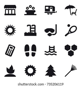 16 vector icon set : market, flower bed, trailer, lounger, sun, pool, diving mask, tennis, inflatable mattress, slippers, honeycombs, sprouting, spruce, rake