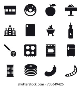 16 vector icon set : market, donut, restaurant, hotel, cutting board, bbq, skimmer, eggplant, peas