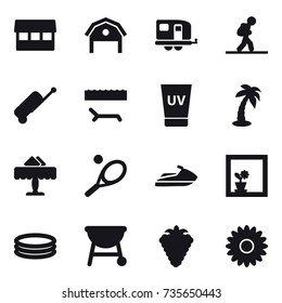 16 vector icon set : market, barn, trailer, tourist, suitcase, lounger, uv cream, palm, restaurant, tennis, jet ski, flower in window, inflatable pool, berry, flower