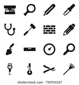 16 vector icon set : market scales, magnifier, brick wall, pencil, construction, level, barometer, handle scales, thermometer, pruner, rake