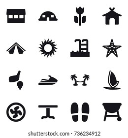 16 vector icon set : market, dome house, bungalow, tent, sun, pool, starfish, golf, jet ski, palm hammock, windsurfing, cooler fan, table, slippers