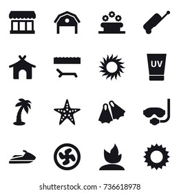 16 vector icon set : market, barn, flower bed, suitcase, bungalow, lounger, sun, uv cream, palm, starfish, flippers, diving mask, jet ski, cooler fan, sprouting