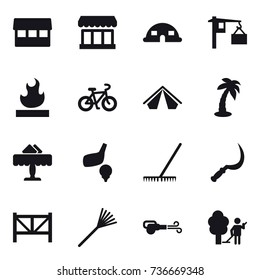 16 vector icon set : market, dome house, bike, tent, palm, restaurant, golf, rake, sickle, farm fence, blower, garden cleaning