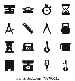 16 vector icon set : market scales, scales, stopwatch, draw compass, ruler, drawing compass, thermometer, measuring cup, kitchen scales, handle scales