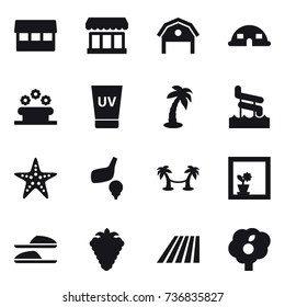 16 vector icon set : market, barn, dome house, flower bed, uv cream, palm, aquapark, starfish, golf, palm hammock, flower in window, slippers, berry, field, garden
