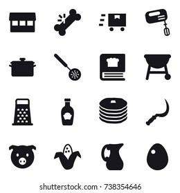 16 vector icon set : market, mixer, pan, skimmer, sickle, pig, corn, jug, egg