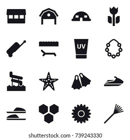 16 vector icon set : market, barn, dome house, suitcase, lounger, uv cream, hawaiian wreath, aquapark, starfish, flippers, jet ski, slippers, honeycombs, flower, rake