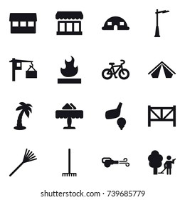 16 vector icon set : market, dome house, outdoor light, bike, tent, palm, restaurant, golf, farm fence, rake, blower, garden cleaning