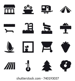 16 vector icon set : market, flower bed, trailer, tent, lounger, pool, aquapark, restaurant, windsurfing, flower in window, berry, field, thermometer, spruce, garden