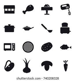 16 vector icon set : market, chicken leg, restaurant, mixer, pan, ladle, mushroom, carrot