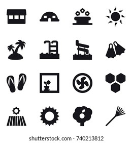 16 vector icon set : market, dome house, flower bed, sun, island, pool, aquapark, flippers, flip-flops, flower in window, cooler fan, honeycombs, field, garden, rake