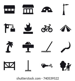 16 vector icon set : market, dome house, outdoor light, bike, tent, palm, restaurant, rake, sickle, farm fence, blower, garden cleaning