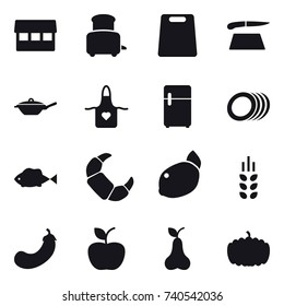 16 vector icon set : market, toaster, cutting board, pan, apron, spikelets, eggplant, apple, pear, pumpkin